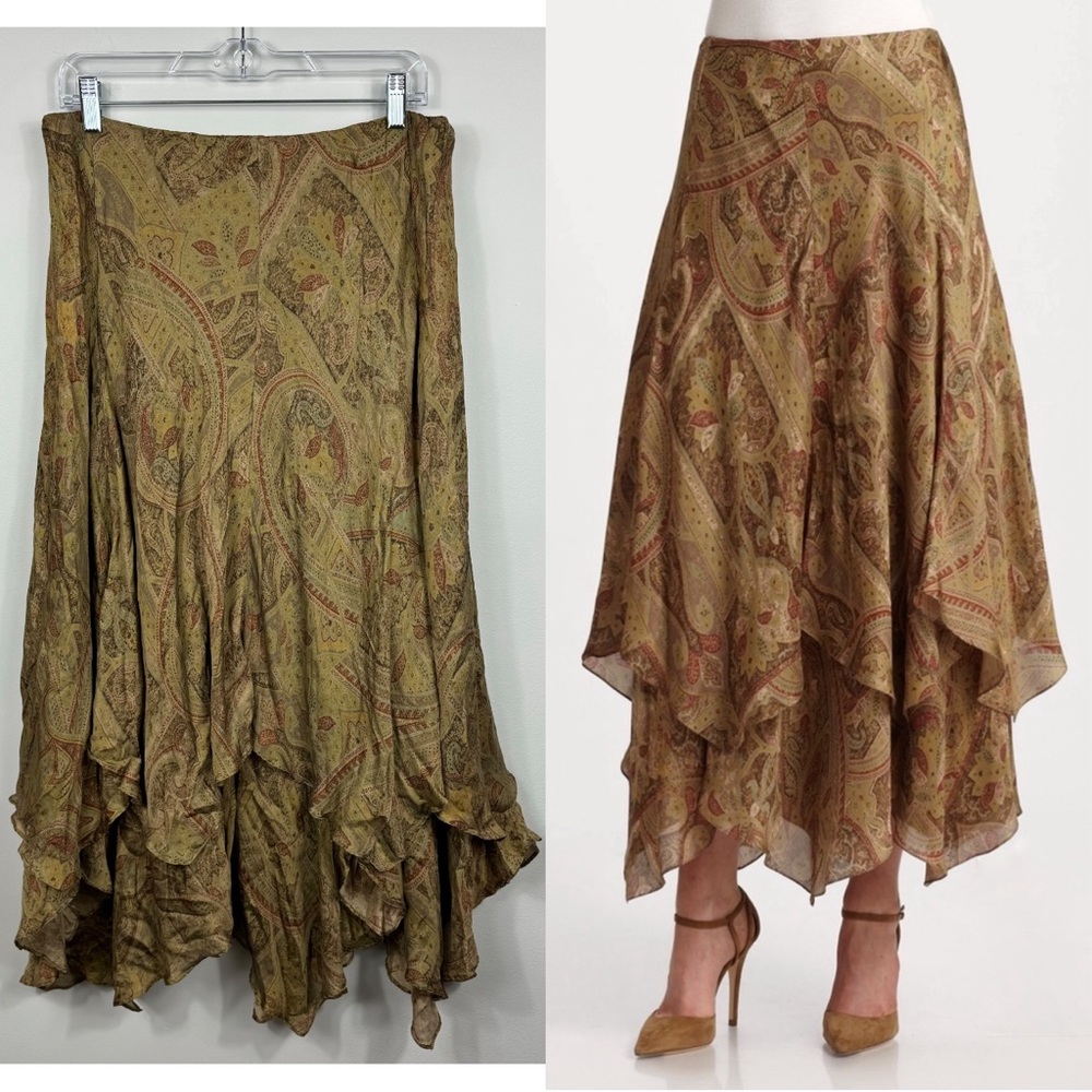 Ralph Lauren Black Label 100% Silk Green Flowey Boho Paisley Maxi Skirt Size 12